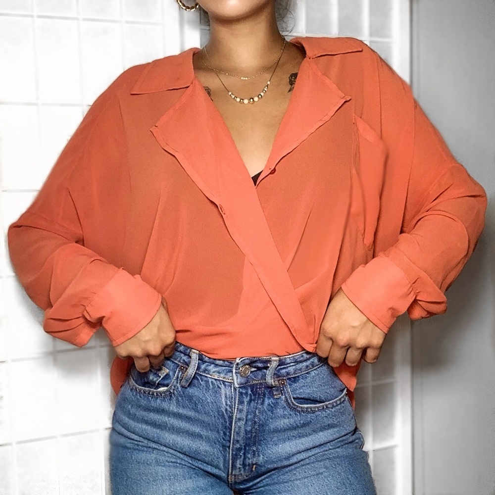 Cute flowy coral long sleeve blouse
